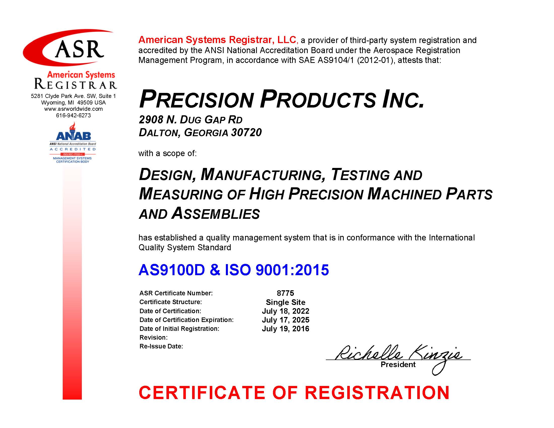 8775 Precision Products Inc AS9100 Certificate July 2022signed